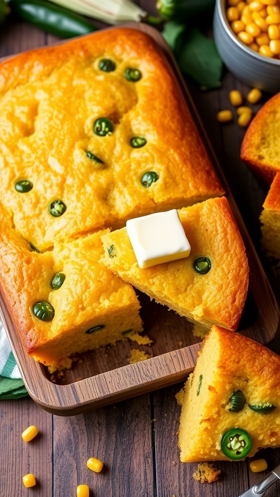 Freshly baked jalapeño cornbread with jalapeño pieces, served with butter on a rustic table.